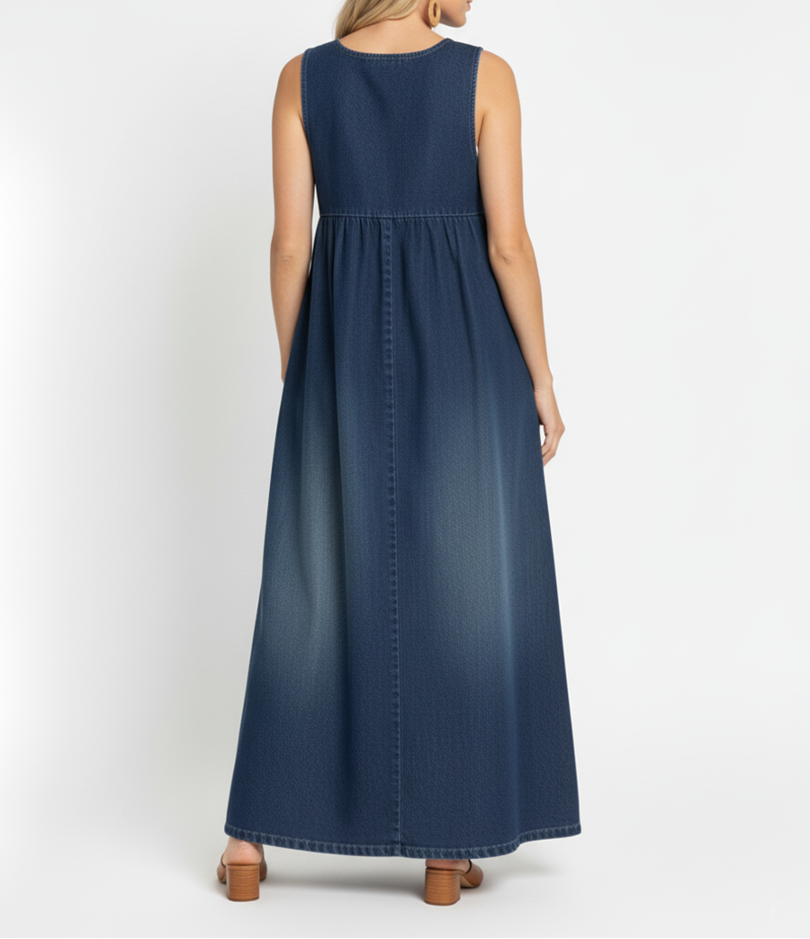 Karen | Long Vintage Washed Denim Dress with a Soft Cotton Feel