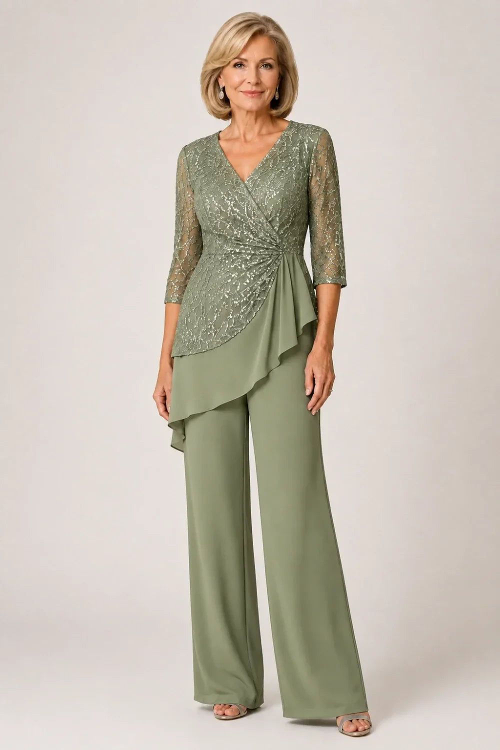 Beaded Lace Chiffon Pant Suit with Sheer Sleeves