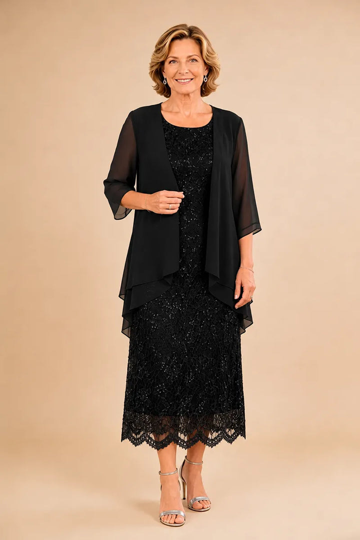 Refined Lace Midi Formal Dress with Sheer Chiffon Cover-Up