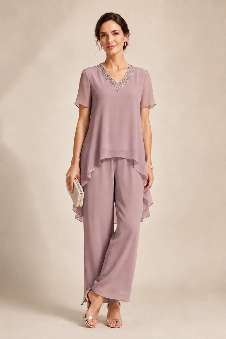 V-Neck Chiffon Asymmetric Capelet Pant Suit