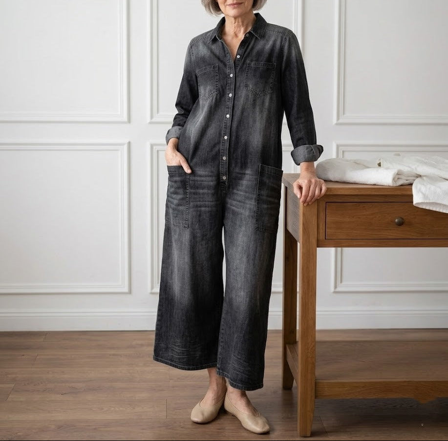 Diana | Vintage Soft Washed Cotton Denim Jumpsuit with Buttons