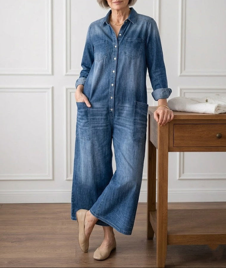 Diana | Vintage Soft Washed Cotton Denim Jumpsuit with Buttons